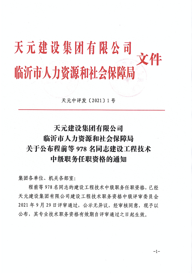 关于公布程前等978名同志建设工程技术中级职务任职资格的通知(图1)